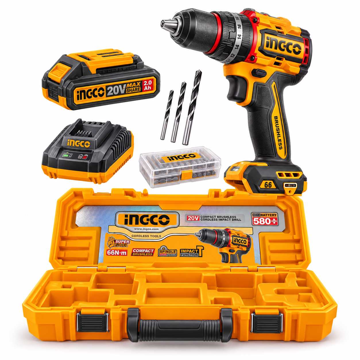 Taladro Inalámbrico de Impacto INGCO 20V Brushless con Kit