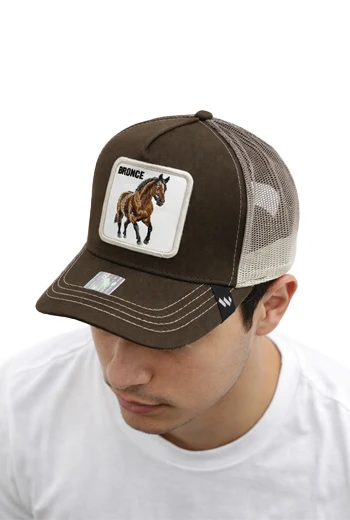 GORRA MARRÓN CON PARCHE BORDADO DE CABALLO Y MALLA DEGRADADA